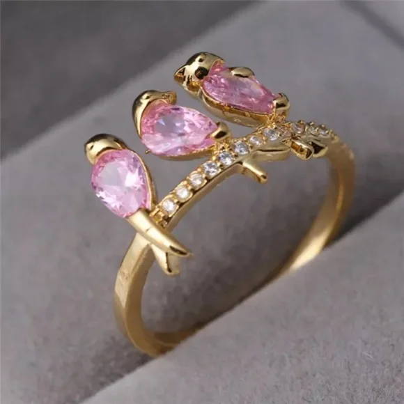 NWT Three Pink Crystal Spring Birds Perched on a Gold Tone Branch Ring Size 7 - Picture 3 of 7